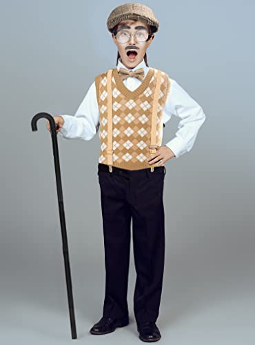 FAYBOX 100 Days of School Old Man Costume for Kids Boys,Halloween Grandpa Costume Accessories Set by 