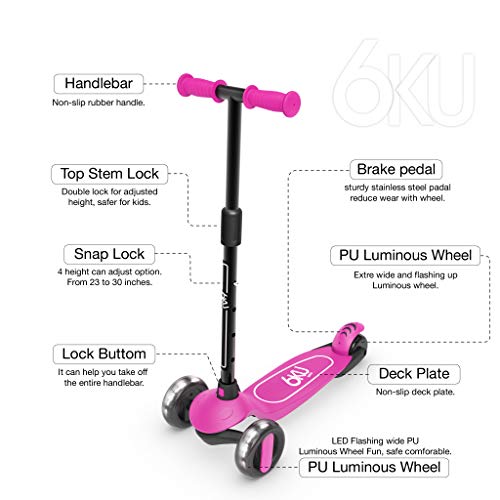 6KU Scooter for Kids Ages 3-5 with Flash Wheels, Kids Scooter 4 Adjustable Height, Toddler Scooter Extra-Wide PU LED Wheels, 3 Wheel Scooter for Kids for Girls & Boys Learn to Steer(Pink) by 6KU