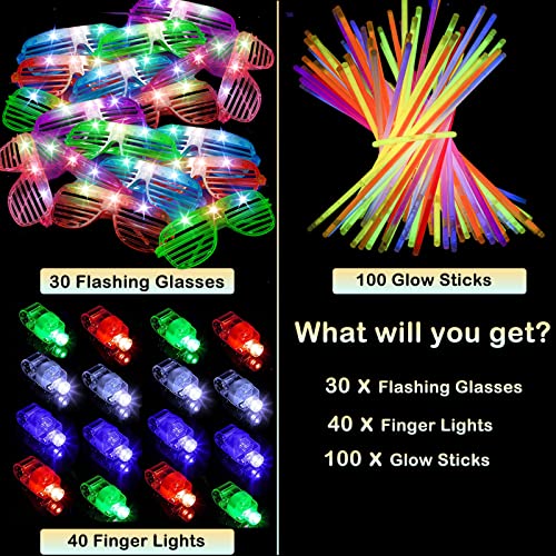 170 PCS Glow in the Dark Party Supplies for Kids, LED Light Up Toys Neon Party Supplies with 30 Flashing Glasses, 100 Glow Sticks, 40 Finger Lights Light for Adults Neon Glow Halloween Birthday Party Disco Party Easter Gifts by OLUPP