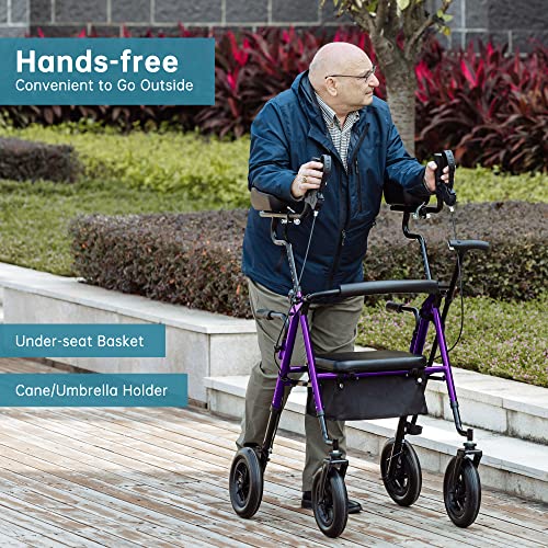 ELENKER All-Terrain Upright Rollator Walker, Stand Up Rolling Walker with 10ââBig PU Wheels and Adjustable Padded Armrests for Seniors from 4â8âto 6'4â, Purple from ELENKER