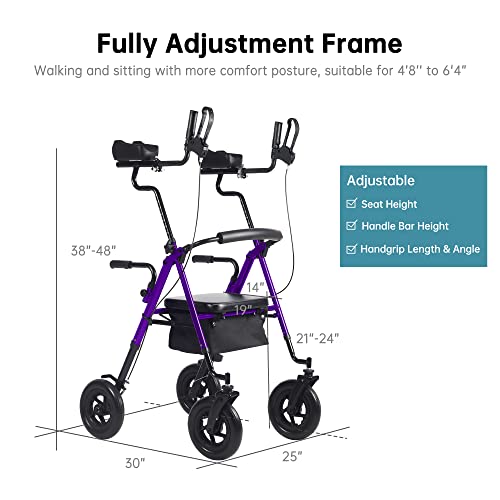 ELENKER All-Terrain Upright Rollator Walker, Stand Up Rolling Walker with 10ââBig PU Wheels and Adjustable Padded Armrests for Seniors from 4â8âto 6'4â, Purple from ELENKER