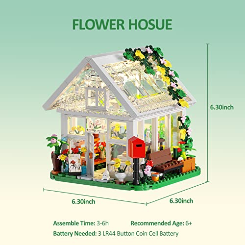 Flower House Building Toy, Garden House Building Set with LED Light, Creative Building Playset, Build a Greehouse Model, Great Gift for Friends or Girls, Compatible with Lego (597 Pieces) by BuildingBoat