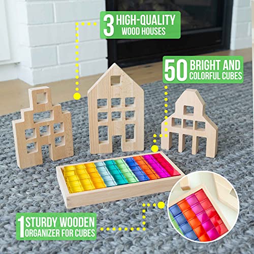 Wooden Toys Building Toys for Kids â 50-Piece Building Blocks Set with 3 Houses and Tray â Toys & Games Toys for Girls Toys for 3 Year Old Boys Cool Toys Toddler Toys from Top Essentials