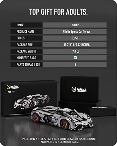 Nifeliz Sports Car Terzor, Race Car Display Model, Trendy Building Toy for Adult Gift Giving or Collection (3358 Pieces) by Nifeliz