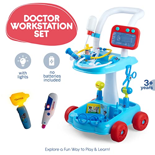 Smart Novelty Toy Doctor Kit for Kids, Interactive Doctor Cart Toy with Wheels, 33 Pcs Pretend Medical Station for Kids with Lights, Thermometer, Stethoscope, Syringe & Scissors- Blue from Smart Novelty