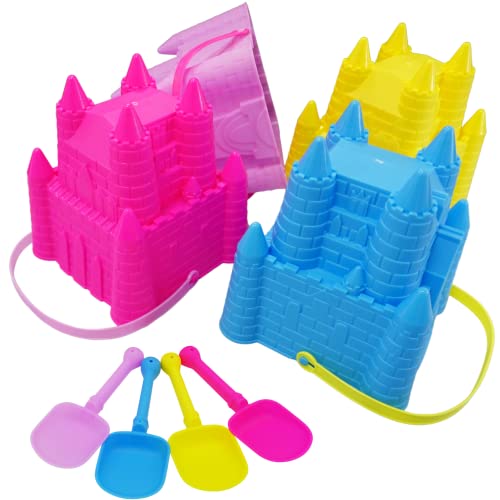 4E's Novelty (4 Sets) Castle Beach Buckets and Shovels, Large Size 7" - Sand Castle Building Kit, Sandcastle Molds Beach Toys for Kids 3-10, Outdoor Sand Toys for Toddlers by 4E's Novelty