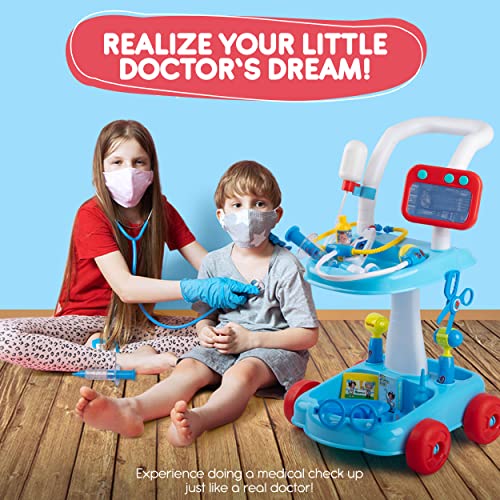 Smart Novelty Toy Doctor Kit for Kids, Interactive Doctor Cart Toy with Wheels, 33 Pcs Pretend Medical Station for Kids with Lights, Thermometer, Stethoscope, Syringe & Scissors- Blue from Smart Novelty
