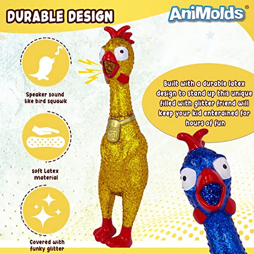 Animolds Squeeze Me Rubber Chicken Toy | Screaming Rubber Chickens for Kids | Novelty Squeaky Toy Chicken (6-Pack Glitter Chicken Random Color) from Flash Sales