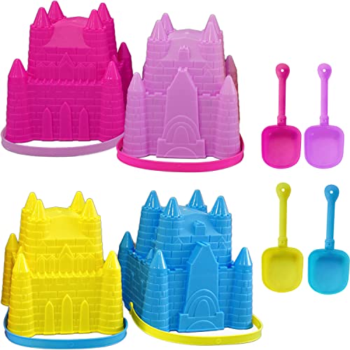 4E's Novelty (4 Sets) Castle Beach Buckets and Shovels, Large Size 7" - Sand Castle Building Kit, Sandcastle Molds Beach Toys for Kids 3-10, Outdoor Sand Toys for Toddlers by 4E's Novelty