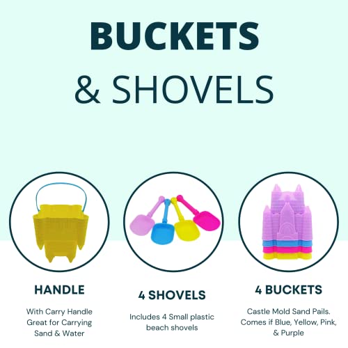 4E's Novelty (4 Sets) Castle Beach Buckets and Shovels, Large Size 7" - Sand Castle Building Kit, Sandcastle Molds Beach Toys for Kids 3-10, Outdoor Sand Toys for Toddlers by 4E's Novelty