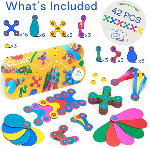 Clixo Rainbow 42 Piece Pack- The Flexible, Durable, Imagination-Boosting Magnetic Building Toy- Modern, Modular Designs for Hours of STEM Play. A Multi-Sensory Magnet Toy Experience Anywhere! Ages 4-8 by Toyish Labs Inc.