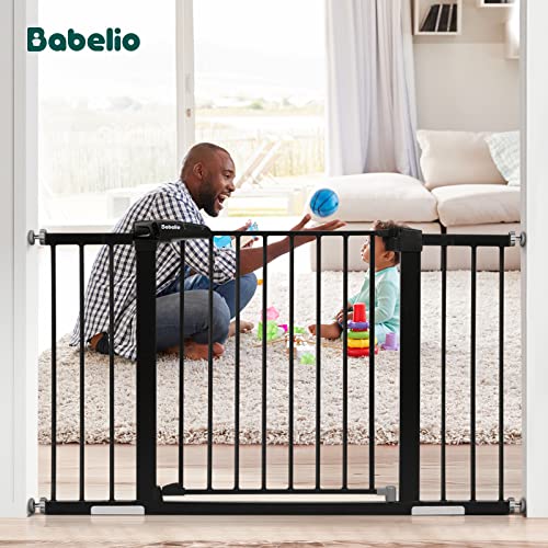 Mom's Choice Award Winner-BABELIO Metal Baby Gate, 29-48'' Extra Wide Pet Gate, Walk Thru Child Safety Gate with Door, Pressure Mounted Dog Gate for Doorways & Stairs, with Y Spindle Rods,Black by BABELIO