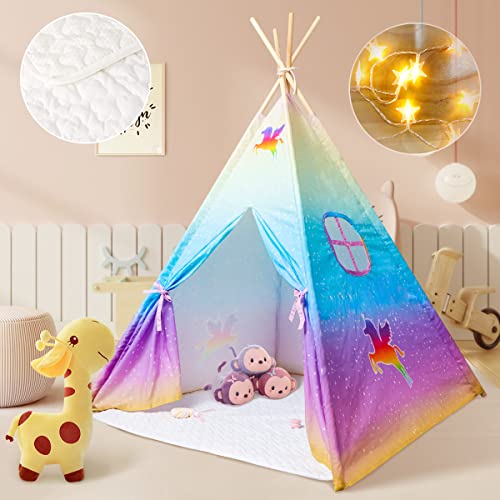 Meland Teepee Tent for Kids - Unicorn Girls Playhouse - Canvas Foldable Teepee Play Tent with Star Lights, Padded Mat & Storage Bag, Birthday for Girls Princess Indoor & Outdoor Playing from Meland