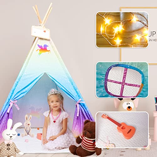 Meland Teepee Tent for Kids - Unicorn Girls Playhouse - Canvas Foldable Teepee Play Tent with Star Lights, Padded Mat & Storage Bag, Birthday for Girls Princess Indoor & Outdoor Playing from Meland