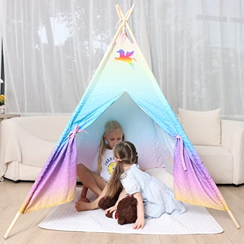 Meland Teepee Tent for Kids - Unicorn Girls Playhouse - Canvas Foldable Teepee Play Tent with Star Lights, Padded Mat & Storage Bag, Birthday for Girls Princess Indoor & Outdoor Playing from Meland