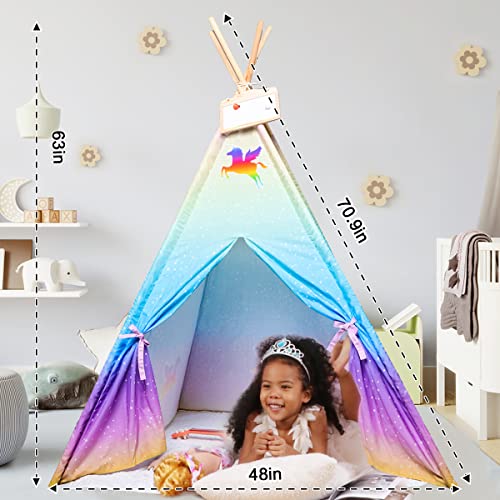 Meland Teepee Tent for Kids - Unicorn Girls Playhouse - Canvas Foldable Teepee Play Tent with Star Lights, Padded Mat & Storage Bag, Birthday for Girls Princess Indoor & Outdoor Playing from Meland