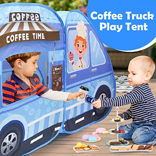 Aoskie Food Truck Play Tent for Kids with 56 Pcs Pretend Play Coffee and Desserts, Kids Pop Up Tents with Carry Bag, Indoor Outdoor Play Tent Ball Pit for Boys Girls from Aoskie