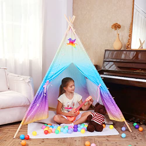 Meland Teepee Tent for Kids - Unicorn Girls Playhouse - Canvas Foldable Teepee Play Tent with Star Lights, Padded Mat & Storage Bag, Birthday for Girls Princess Indoor & Outdoor Playing from Meland