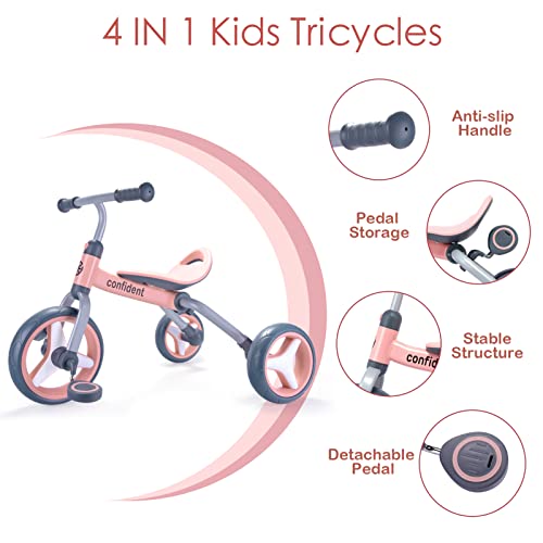 YGJT 4 in 1 Tricycle for Toddlers Age 2-5, Folding Kids Trike Tricycles Toddler Bike with Adjustable Seat and Removable Pedal, Baby Balance Bike Ride-on Toys Gift for Baby Boys Girls Birthday by YGJT