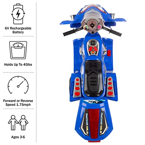 Electric Motorcycle for Kids - 3-Wheel Trike - Battery-Powered Motorbike for Kids Ages 3-6 - Fun Decals, Reverse, and Headlights by Lilâ Rider (Blue) by Trademark Global