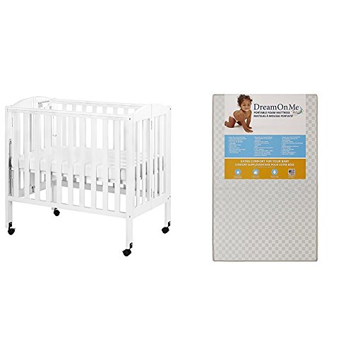 Dream On Me 3 in 1 Portable Folding Stationary Side Crib with Dream On Me 3 Portable Crib Mattress, White by