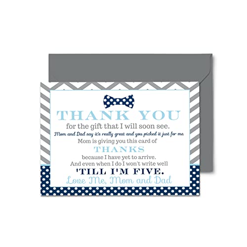 Bow Tie Baby Shower Thank You Cards with Envelopes (15 Pack) Oh Boy Theme Supplies Navy and Grey â Notecard Thanks from Baby Boy - A6 Flat Stationery Set Printed (4 X 6 inches) Paper Clever Party from