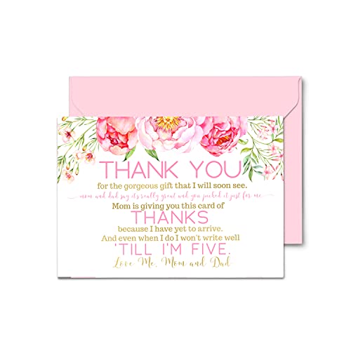 Cottage Floral Baby Shower Thank You Cards with Envelopes (15 Pack) Rustic Flowers Supplies Pink and Gold â Cute Thanks from Baby Girls - A6 Flat Stationery Set Printed (4 X 6 inches) by
