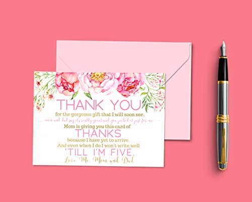 Cottage Floral Baby Shower Thank You Cards with Envelopes (15 Pack) Rustic Flowers Supplies Pink and Gold â Cute Thanks from Baby Girls - A6 Flat Stationery Set Printed (4 X 6 inches) by 