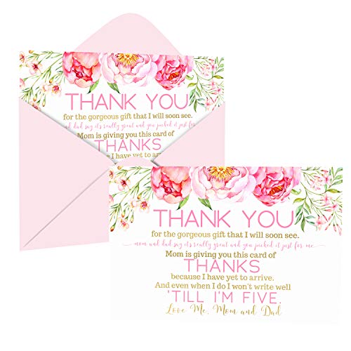 Cottage Floral Baby Shower Thank You Cards with Envelopes (15 Pack) Rustic Flowers Supplies Pink and Gold â Cute Thanks from Baby Girls - A6 Flat Stationery Set Printed (4 X 6 inches) by 