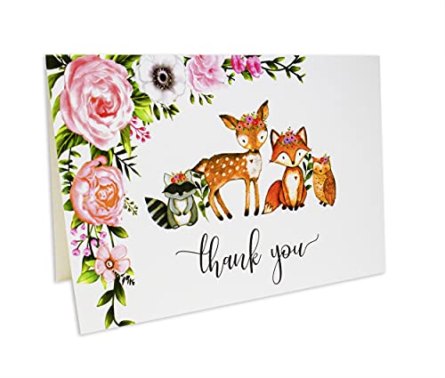 50 Pack Watercolor Girl Woodland Greenery Thank You Cards, Cute Thank You Notes with Envelopes & Stickers, Baby Shower, Birthday any Occasion Large Size 4x6 Animal Fox Raccoon Deer Owl Gratitude For Party, Children Stationery from 