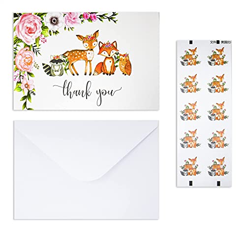 50 Pack Watercolor Girl Woodland Greenery Thank You Cards, Cute Thank You Notes with Envelopes & Stickers, Baby Shower, Birthday any Occasion Large Size 4x6 Animal Fox Raccoon Deer Owl Gratitude For Party, Children Stationery from 
