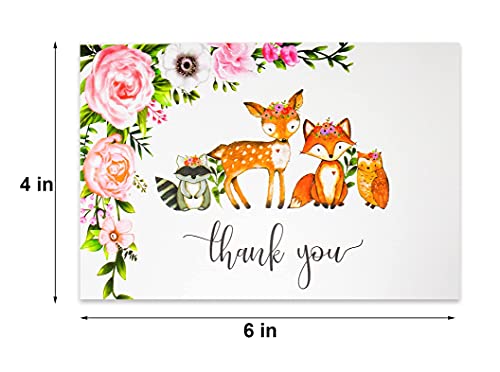 50 Pack Watercolor Girl Woodland Greenery Thank You Cards, Cute Thank You Notes with Envelopes & Stickers, Baby Shower, Birthday any Occasion Large Size 4x6 Animal Fox Raccoon Deer Owl Gratitude For Party, Children Stationery from 