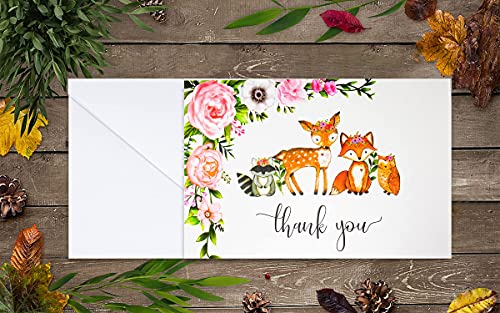 50 Pack Watercolor Girl Woodland Greenery Thank You Cards, Cute Thank You Notes with Envelopes & Stickers, Baby Shower, Birthday any Occasion Large Size 4x6 Animal Fox Raccoon Deer Owl Gratitude For Party, Children Stationery from 