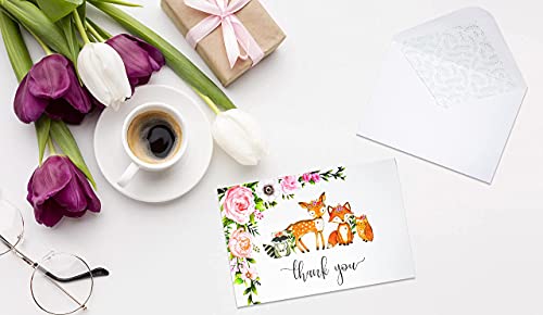 50 Pack Watercolor Girl Woodland Greenery Thank You Cards, Cute Thank You Notes with Envelopes & Stickers, Baby Shower, Birthday any Occasion Large Size 4x6 Animal Fox Raccoon Deer Owl Gratitude For Party, Children Stationery from 
