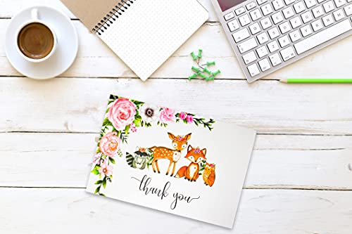 50 Pack Watercolor Girl Woodland Greenery Thank You Cards, Cute Thank You Notes with Envelopes & Stickers, Baby Shower, Birthday any Occasion Large Size 4x6 Animal Fox Raccoon Deer Owl Gratitude For Party, Children Stationery from 