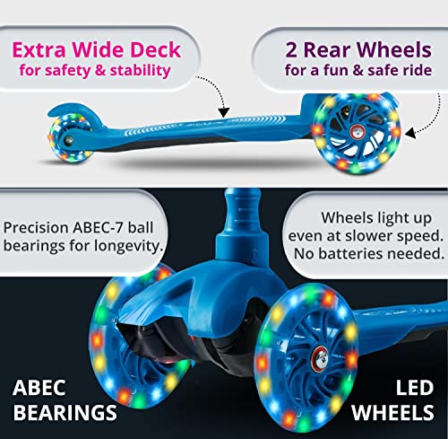Kicksy Scooter for Kids Ages 3-12. Light & Sturdy 3 Wheel Adjustable Height for Toddler Boys & Girls. LightUp LED Wheels. Age 3+ for Indoor & Outdoor Play. Best Toy & Kids Gift w Anti-Slip Deck Cruise by Kicksy