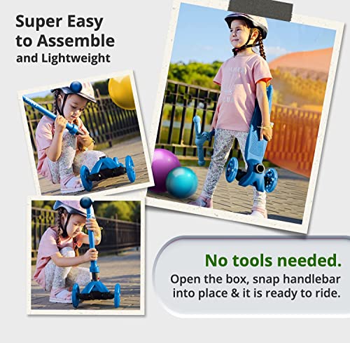 Kicksy Scooter for Kids Ages 3-12. Light & Sturdy 3 Wheel Adjustable Height for Toddler Boys & Girls. LightUp LED Wheels. Age 3+ for Indoor & Outdoor Play. Best Toy & Kids Gift w Anti-Slip Deck Cruise by Kicksy