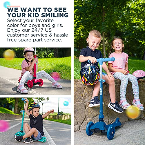 Kicksy Scooter for Kids Ages 3-12. Light & Sturdy 3 Wheel Adjustable Height for Toddler Boys & Girls. LightUp LED Wheels. Age 3+ for Indoor & Outdoor Play. Best Toy & Kids Gift w Anti-Slip Deck Cruise by Kicksy