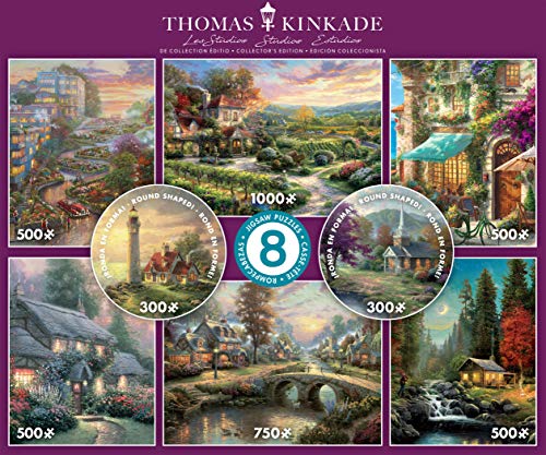Ceaco - Thomas Kinkade 8 in 1 Multipack Jigsaw Puzzle Bundle Set - (2) Round 300, (4) 550, (1) 750, (1) 1000 Pieces, Kids and Adults from Ceaco