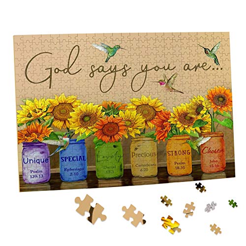 Sunflower Puzzle 500 Piece Puzzles for Adults - Retro Sunflowers and Farmhouse Yellow Flower Hummingbird Animal Inspirational Wooden Jigsaw Puzzles for Family Activities Games - God Says You are from BLIOWL