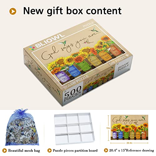 Sunflower Puzzle 500 Piece Puzzles for Adults - Retro Sunflowers and Farmhouse Yellow Flower Hummingbird Animal Inspirational Wooden Jigsaw Puzzles for Family Activities Games - God Says You are from BLIOWL