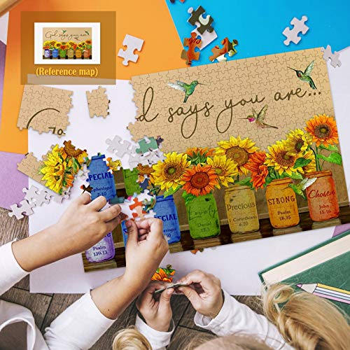 Sunflower Puzzle 500 Piece Puzzles for Adults - Retro Sunflowers and Farmhouse Yellow Flower Hummingbird Animal Inspirational Wooden Jigsaw Puzzles for Family Activities Games - God Says You are from BLIOWL
