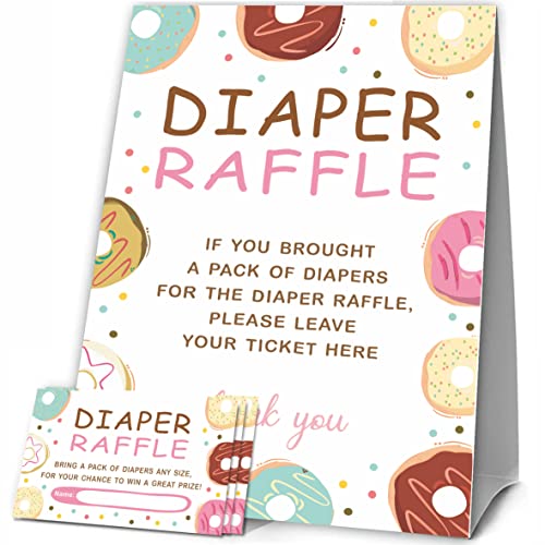 JCVUK Baby Shower Games, 1 Diaper Raffle Standing Sign with 50 Diaper Raffle Tickets,Donut Love Theme Babyshower Party Decorations and Supplies For Boys or Girls(LBLK-B12) by JCVUK