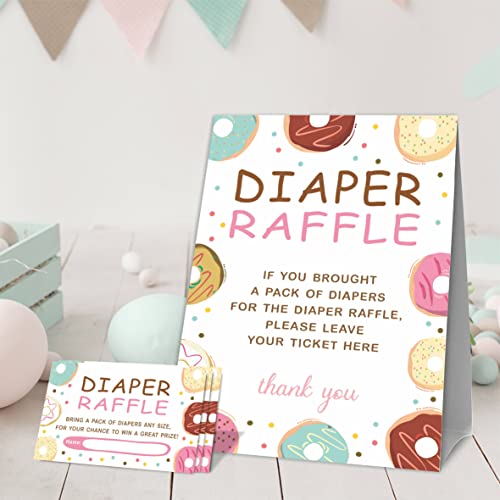 JCVUK Baby Shower Games, 1 Diaper Raffle Standing Sign with 50 Diaper Raffle Tickets,Donut Love Theme Babyshower Party Decorations and Supplies For Boys or Girls(LBLK-B12) by JCVUK