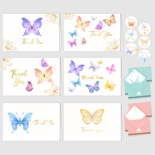 Decorably 24 Gold-Foiled Butterfly Thank You Cards with Envelopes, 6 Designs Butterfly Birthday Card, Blank Card, Stationery Thank You Cards, Note Cards with Envelopes Blank Inside, Stationary Cards by Decorably