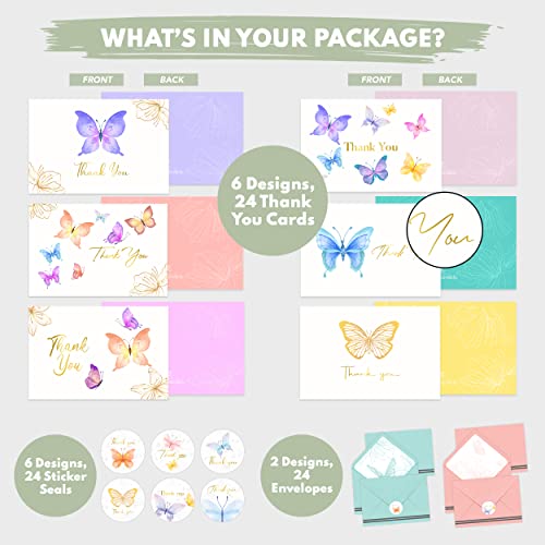 Decorably 24 Gold-Foiled Butterfly Thank You Cards with Envelopes, 6 Designs Butterfly Birthday Card, Blank Card, Stationery Thank You Cards, Note Cards with Envelopes Blank Inside, Stationary Cards by Decorably