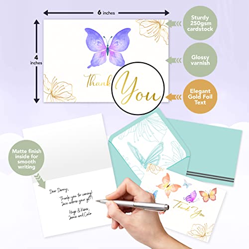 Decorably 24 Gold-Foiled Butterfly Thank You Cards with Envelopes, 6 Designs Butterfly Birthday Card, Blank Card, Stationery Thank You Cards, Note Cards with Envelopes Blank Inside, Stationary Cards by Decorably