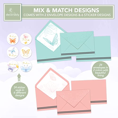 Decorably 24 Gold-Foiled Butterfly Thank You Cards with Envelopes, 6 Designs Butterfly Birthday Card, Blank Card, Stationery Thank You Cards, Note Cards with Envelopes Blank Inside, Stationary Cards by Decorably