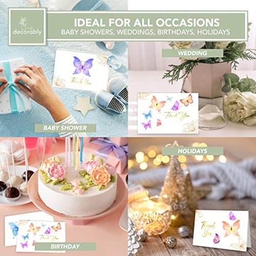 Decorably 24 Gold-Foiled Butterfly Thank You Cards with Envelopes, 6 Designs Butterfly Birthday Card, Blank Card, Stationery Thank You Cards, Note Cards with Envelopes Blank Inside, Stationary Cards by Decorably
