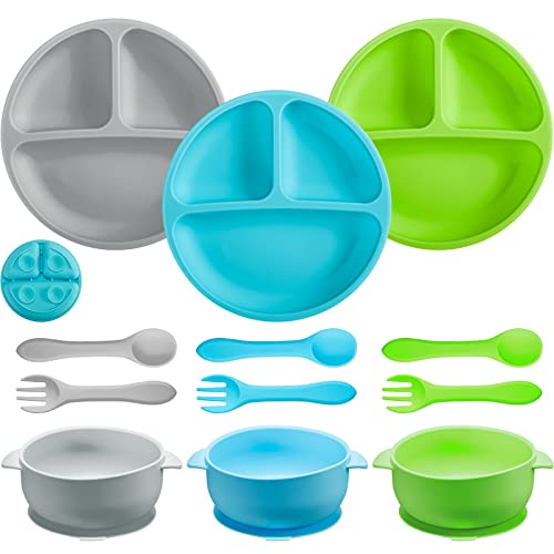 9 Pcs Silicone Baby Toddler Suction Plates Baby Bowls with Suction Toddler Bowls Set Kids Utensils Divided Plate Baby Boy Girl Feeding Set with Spoon Fork Dishwasher and Microwave Safe (Bright Colors) from Chengu